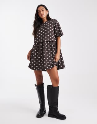Miss Selfridge Short Sleeve Layered Smock Dress In Brown