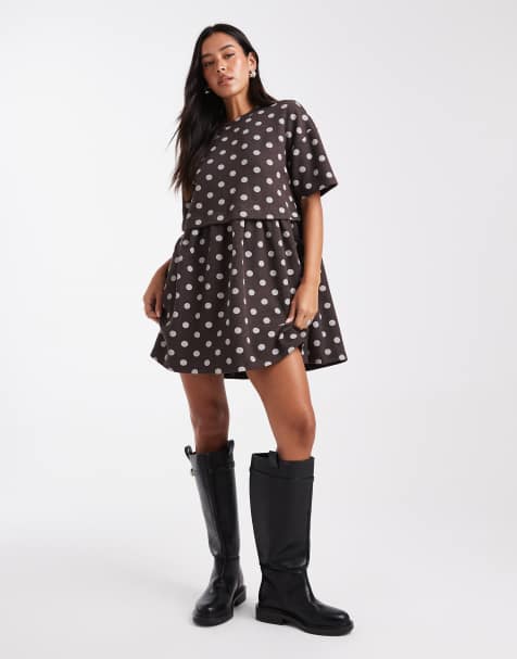 Miss Selfridge short sleeve layered smock dress in chocolate polka dot - view 1