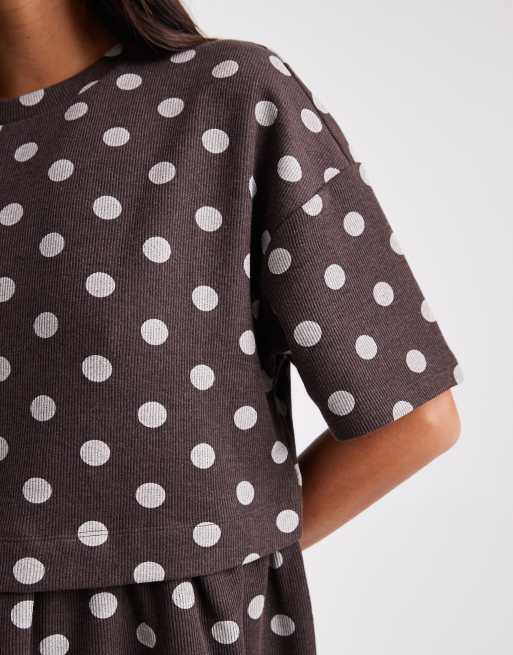 Miss Selfridge short sleeve layered smock dress in chocolate polka dot, 3 of 4