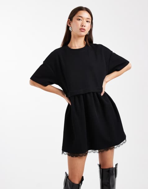 Miss Selfridge short sleeve layered smock dress with lace hem in black - view 1
