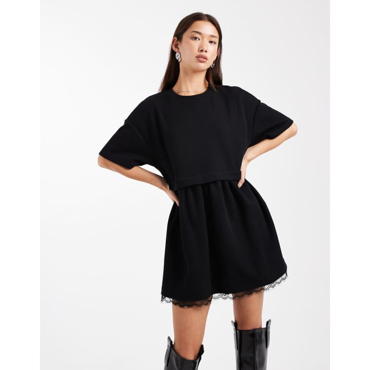 black short sleeve smock dress Black boohoo Rib Cotton Poplin Short Sleeve Smock Dress