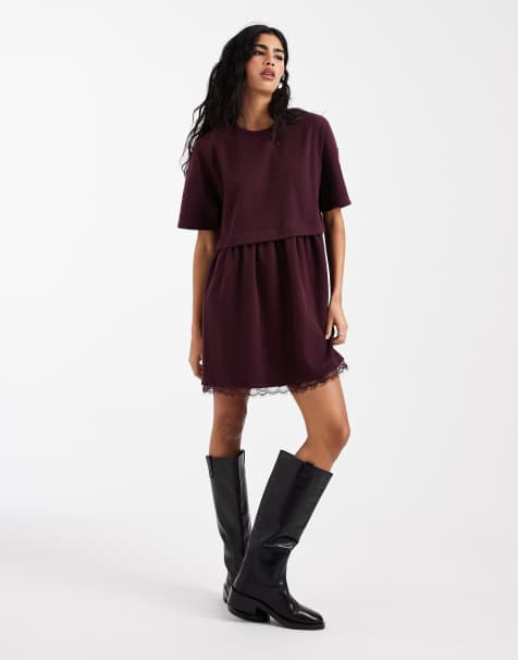 Miss Selfridge short sleeve layered smock dress with lace hem in plum - view 1