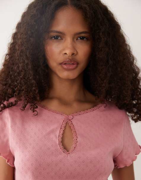 Miss Selfridge short sleeve pointelle keyhole top in pink - view 1