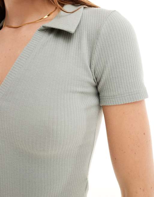 Miss Selfridge short sleeve polo t-shirt in sage green, 2 of 4