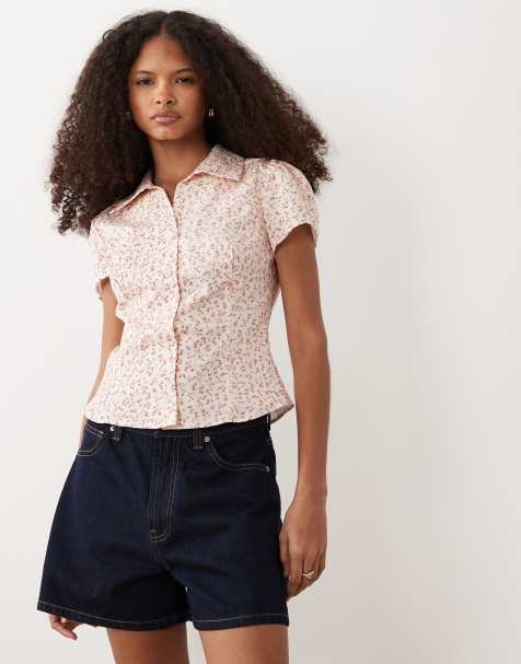 Miss Selfridge short sleeve poplin fitted shirt in pink ditsy - view 1