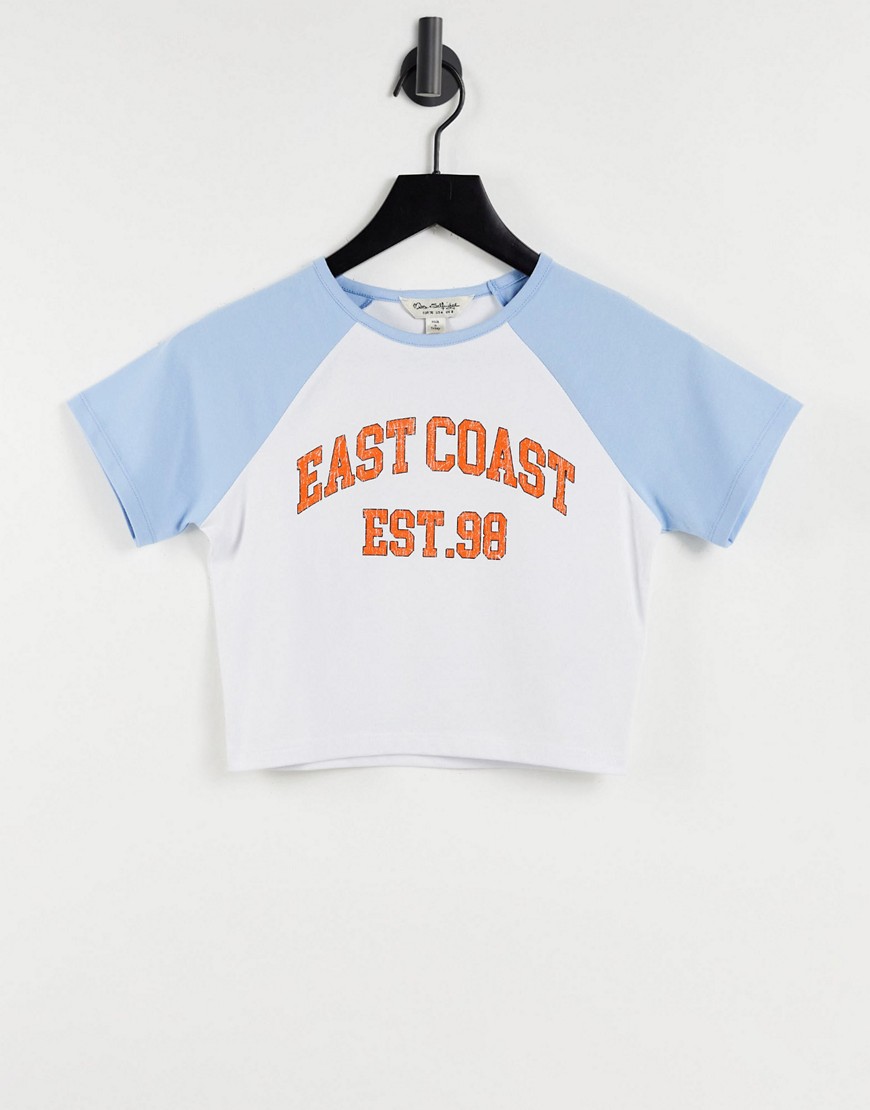 Miss Selfridge short sleeve Raglan east coast slogan cropped t-shirt-White