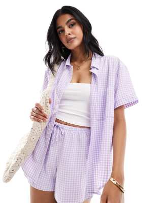 short sleeve resort shirt in lilac gingham - part of a set-Purple