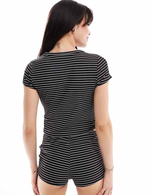 Miss Selfridge short sleeve rib cardi co-ord in black and white stripe, 4 of 4