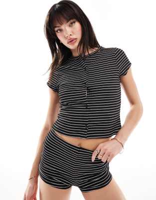 Miss Selfridge short sleeve rib cardi in black and white stripe (part of a set)