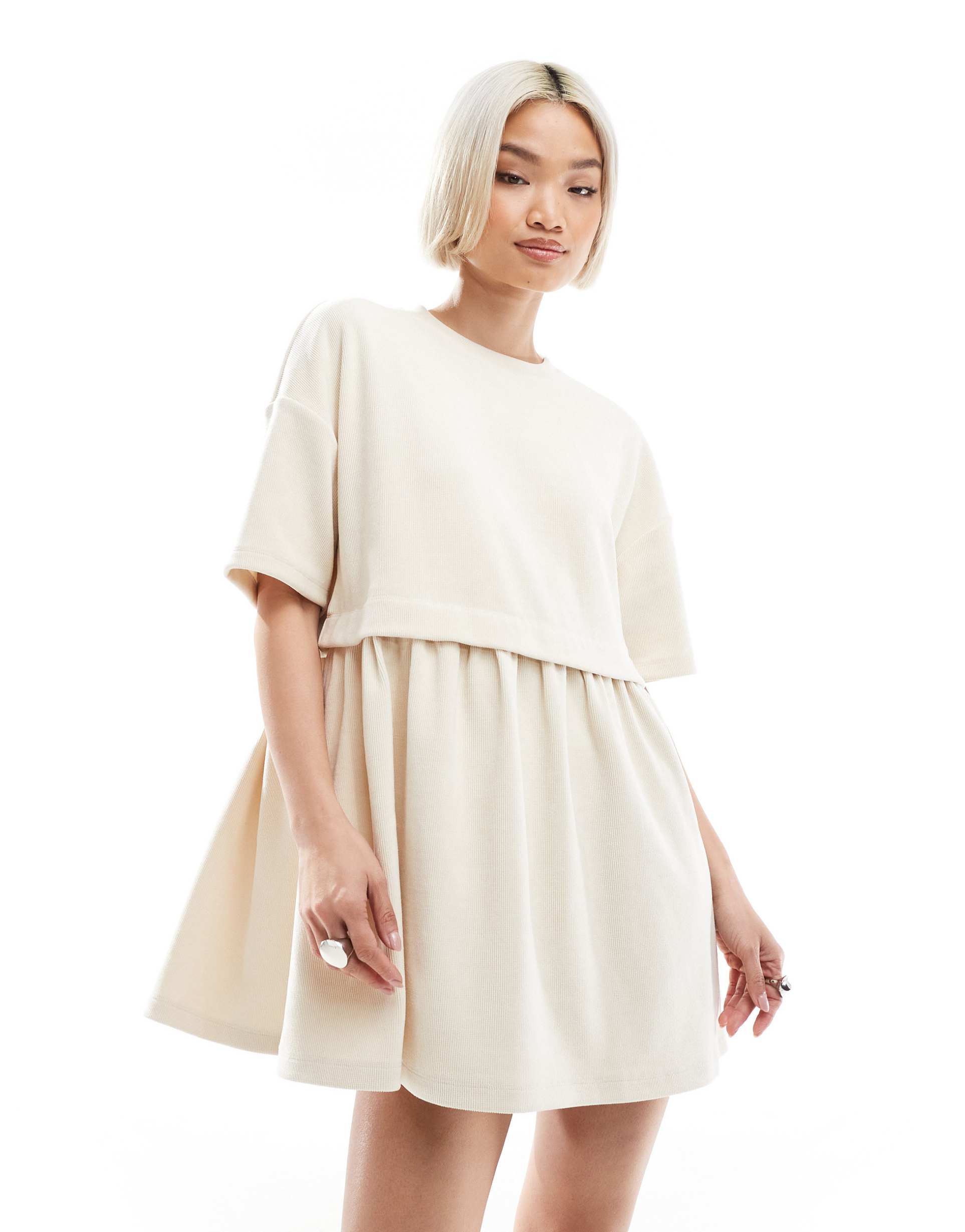 miss selfridge short sleeve rib knit layered smock dress in ecru