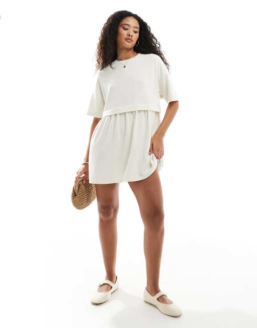 Miss Selfridge short sleeve rib layered smock dress in ecru, 2 of 4