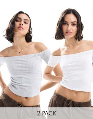 Miss Selfridge short sleeve rib top two pack in white and grey marl-Multi