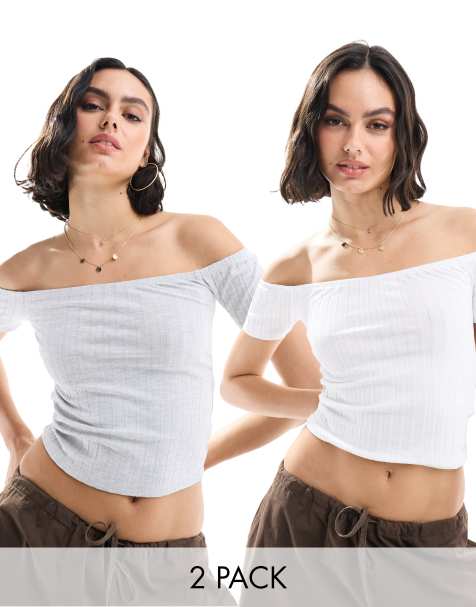 Miss Selfridge short sleeve rib top two pack in white and grey marl - view 1