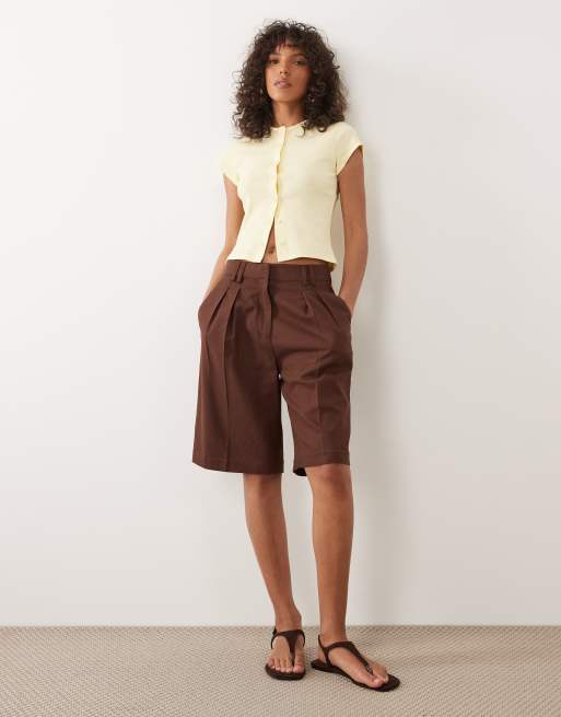 Miss Selfridge short sleeve ribbed button through top in yellow, 2 of 4