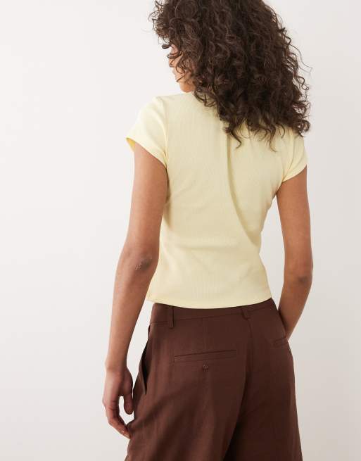 Miss Selfridge short sleeve ribbed button through top in yellow, 4 of 4