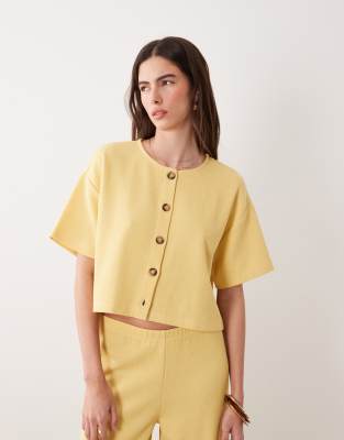 Miss Selfridge Short Sleeve Soft Ribbed Cardigan In Yellow