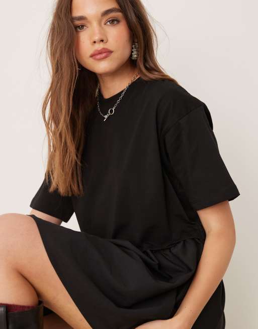 Miss Selfridge short sleeve t shirt poplin hybrid smock mini dress in black