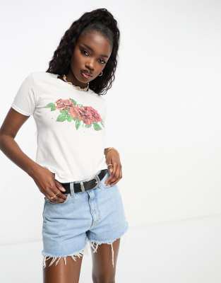 Miss Selfridge short sleeve t shirt with hot fix rose print in white