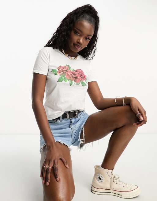 Miss Selfridge short sleeve t shirt with hot fix rose print in white