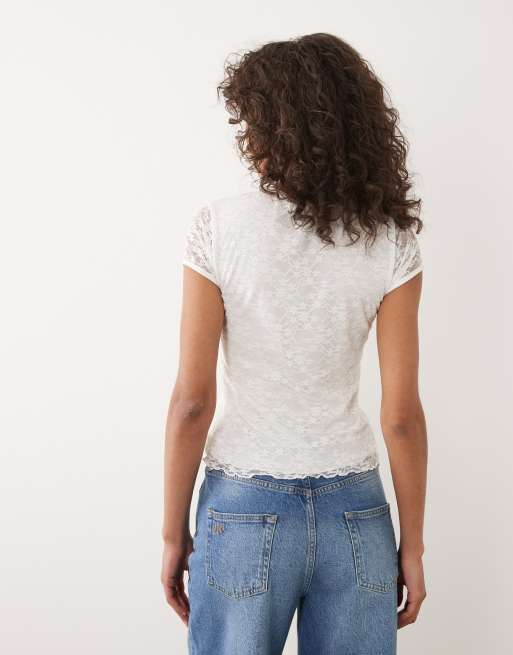 Miss Selfridge short sleeve tie neck lace top in white, 4 of 4
