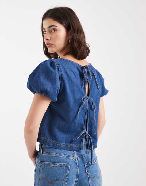 Miss Selfridge short sleeve tie up top in mid wash - view 1
