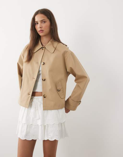 Miss Selfridge short trench coat with bow back detail in tan , 3 of 4