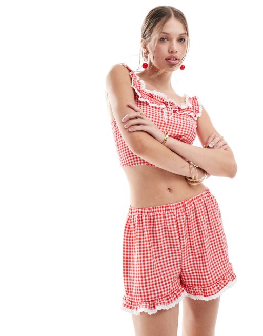 Miss Selfridge – Shorts in Rot mit Vichy-Karos und Spitzenbesatz, Kombiteil, 2 von 5
