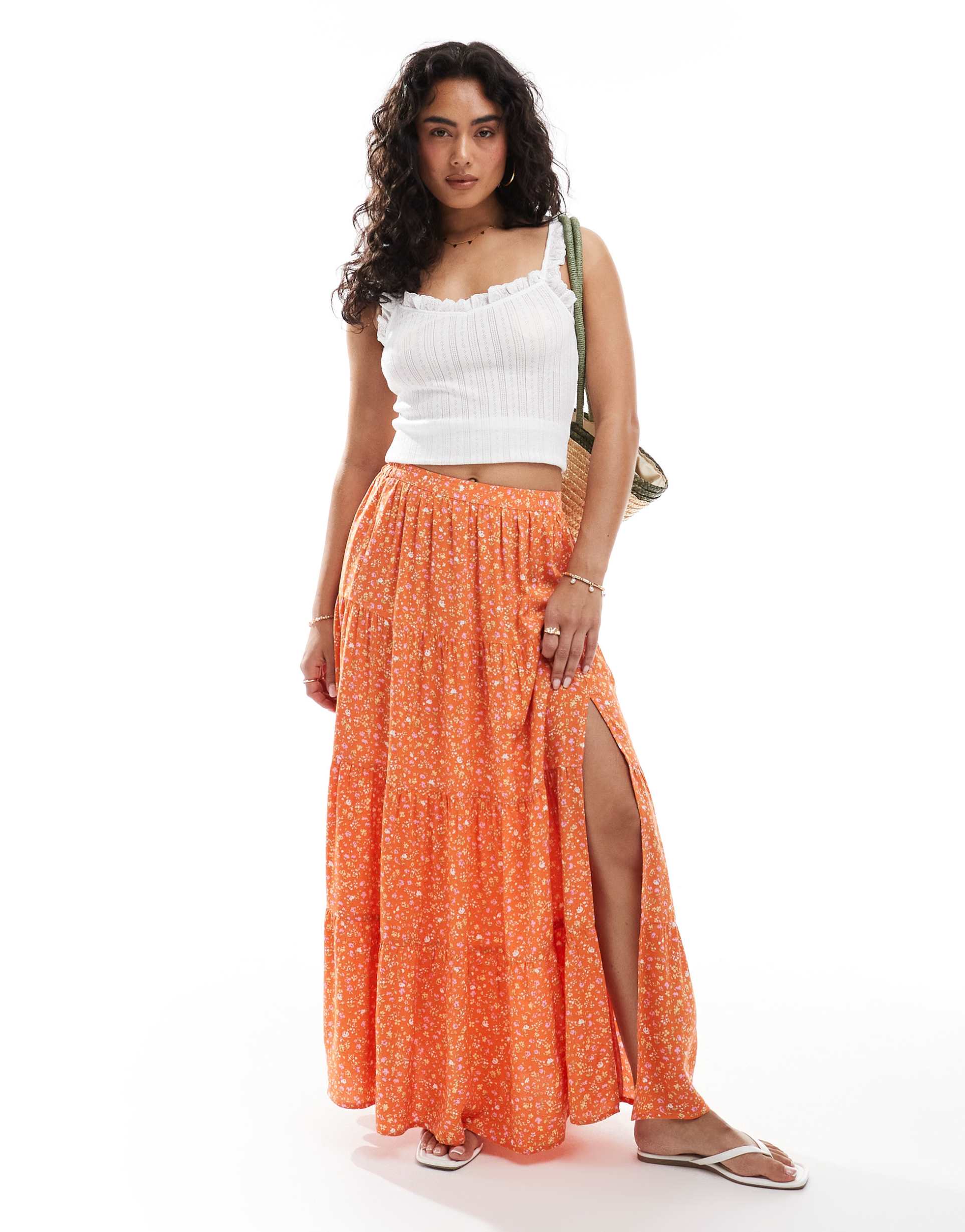 miss selfridge side slit tiered maxi skirt in orange ditsy