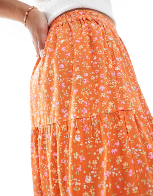 Miss Selfridge side slit tiered maxi skirt in orange ditsy, 5 of 5