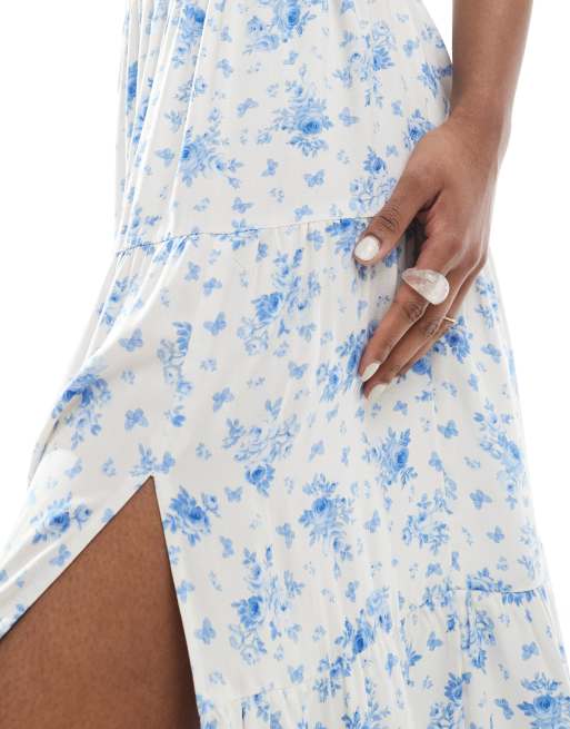 Miss Selfridge Side Split tiered maxi skirt in blue floral, 3 of 5