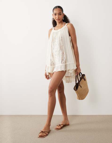 Miss Selfridge side tie embroidered lace beach mini dress in cream - view 1