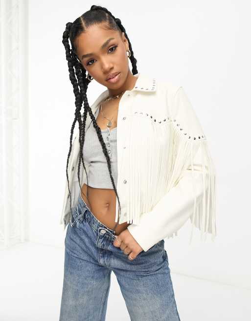 Jean jacket with outlet leather fringe