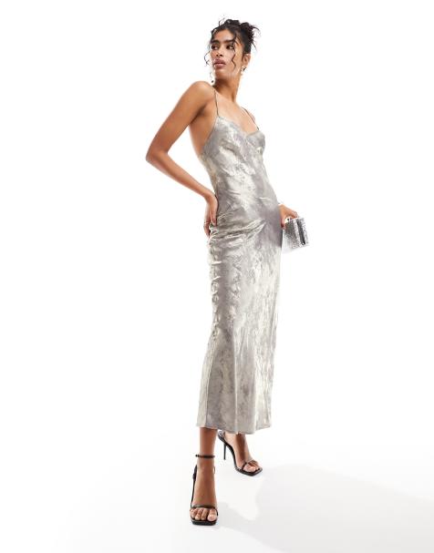 Miss Selfridge – Silverfärgad, metallisk slipklänning i midilängd - view 1