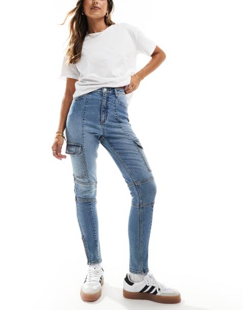 Miss Selfridge - Skinny-cargojeans i mellemblå vask - view 1