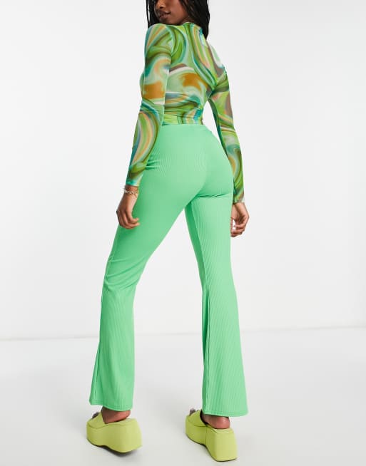 Miss Selfridge skinny rib flare pants in mid green, 2 of 4