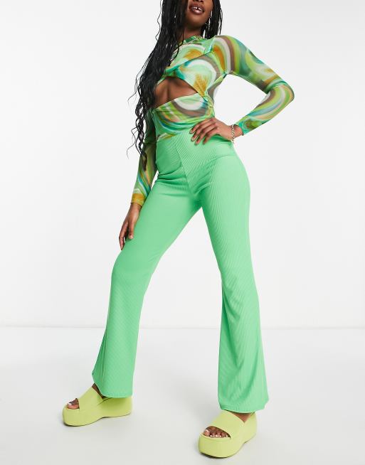 Miss Selfridge skinny rib flare pants in mid green, 4 of 4