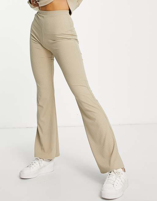 Miss Selfridge skinny rib flare pants in mocha