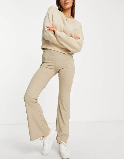 Miss Selfridge skinny rib flare pants in mocha