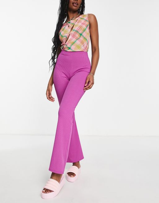 Purple High Waisted Ribbed Flare Pants