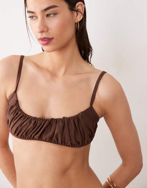 Miss Selfridge skinny ruched bikini top in chocolate - view 1