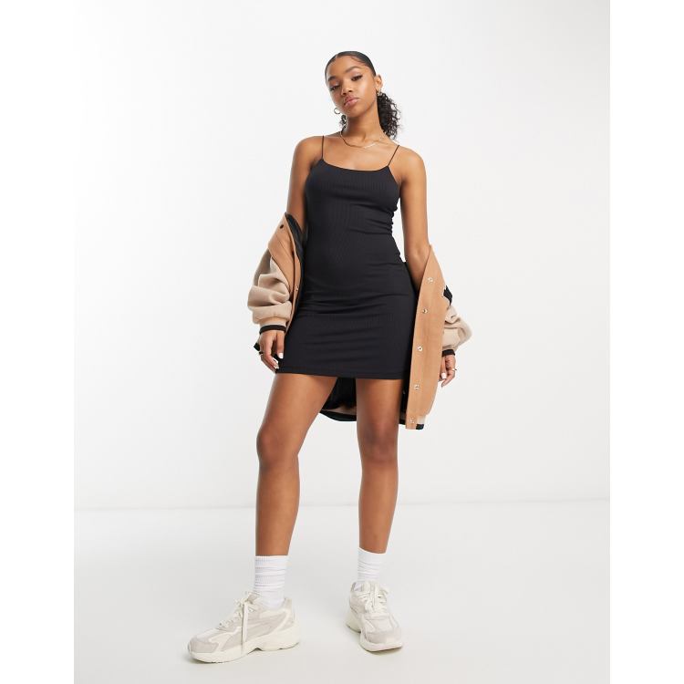 Miss Selfridge skinny strap ribbed cami dress in black