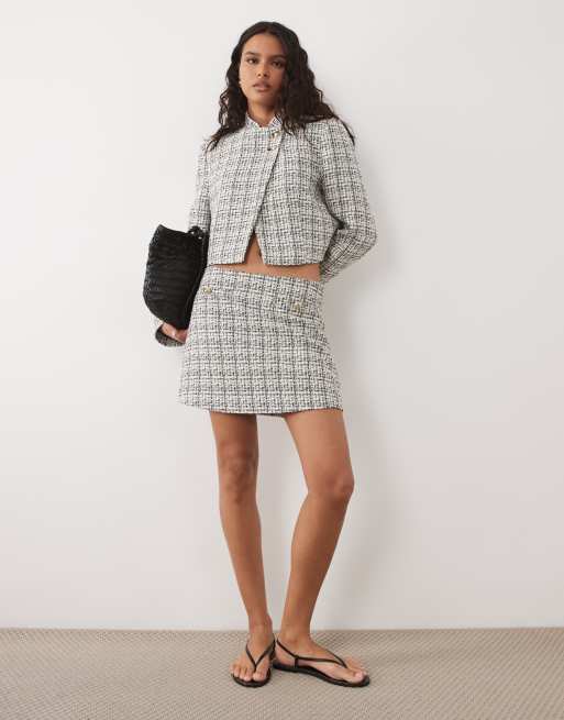 Miss Selfridge clean mandarin crop blazer & skirt in boucle, 3 of 3