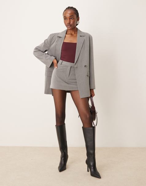 Miss Selfridge - Skræddersyet gråt mini-skort med nålestriber - Del af sæt - view 1