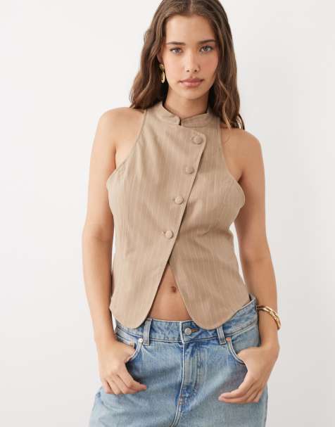 Miss Selfridge skræddersyet mandarin-asymmetrisk vest i stribe - view 1