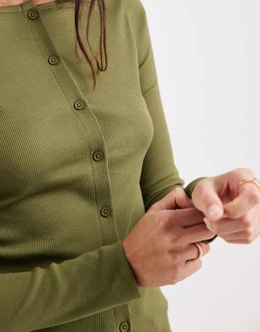 Miss Selfridge slash neck button through top in olive green, 2 of 4