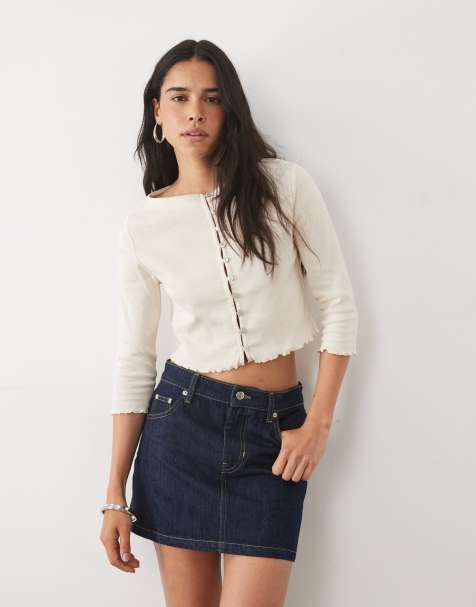 Miss Selfridge slash neck button through top with 3/4 sleeve in cream - view 1