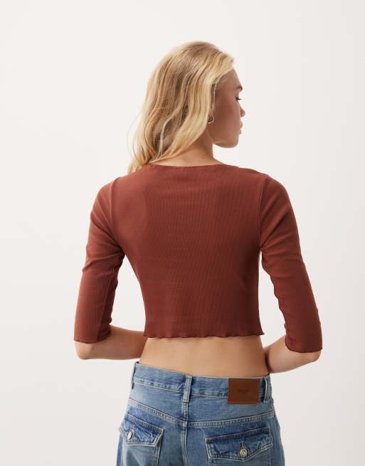 Miss Selfridge slash neck button through top with 3/4 sleeve in rust, 4 of 4
