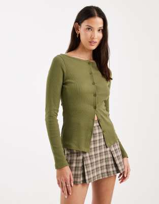 Miss Selfridge Slash Neck Button Up Top In Green