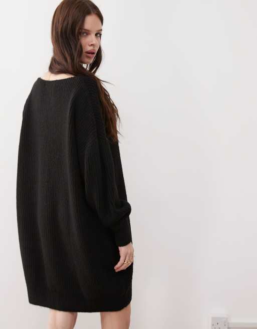 slash neck knit mini dress Miss Selfridge slash neck knit sweater mini dress in black