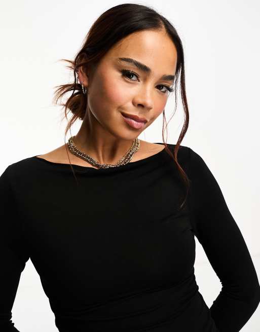 Miss Selfridge slash neck long sleeve top in black